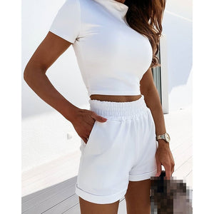 Open image in slideshow, Women Summer Sexy Two Pieces Set Solid Short Sleeve Crop Tops And Elastic
